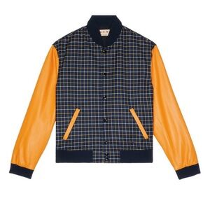Marni Navy and Orange Plaid Bomber Jacket